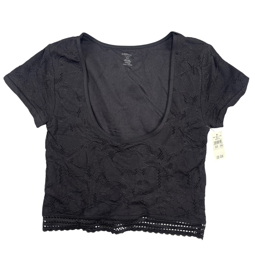NWT Aerie Superchill Lace Crop Top Black Floral Scoop Neck Crochet Trim S